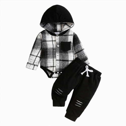 Gerichy Toddler Baby Boys Clothes Fall Winter Outfits Lattice Button Down Hooded Romper Tops Pants Sets 0-18 Months
