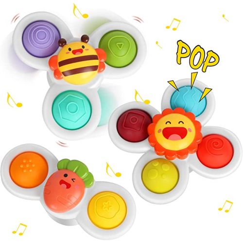 UKKITEK 3PCS Suction Cup Spinner Toy for Baby, Simple Dimple Fidget Toys with Stackable Suction Cup Toys, Sensory Toys for Toddlers 1-3 Years Old, Infant Baby 6 12 18 Months Birthday Gifts Bath Toy - Bee+carrot+sun