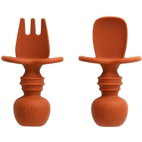 Bumkins Baby Utensils Set, Chewtensils Silicone Spoons for Dipping, Self-Feeding, Baby Led Weaning, Trainer Learning, First Stage Eating, Soft Practice Fork and Spoon, Babies 6 Months, Clay