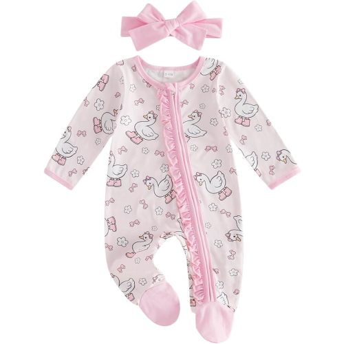 Newborn Baby Girl Outfits Bow/Goose Print Footed Jumpsuit Ruffle Zipper Romper Cute Fall Baby Coming Home Outfit