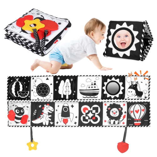Newborn Toys, High Contrast Baby Books with Teether, Tummy Time Toys，Black and White Baby Toys, 0-6Months Auditory and Visual Stimulation Montessori Toy Gift