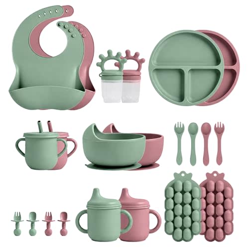 22 Pcs Silicone Baby Feeding Set, Baby Eating Utensils | Suction Plate, Bowl, Bib, Sippy Cup, Fruit Feeder & Freezer Tray, Training cup with straw, Silicone Fork & Spoon (Pink+Green)