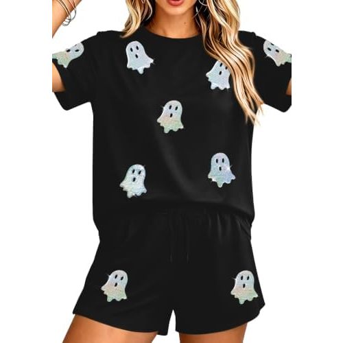 Halloween Sets for Women 2 Pieces Sequin Ghost Shirt and Short Spooky Set