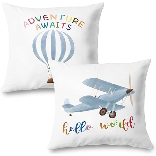 Hot Air Balloon and Airplane Nursery Decor - Hello World Adventure Awaits Pillow Case 18x18 Set of 2 for Boys Room, Toddler Playroom