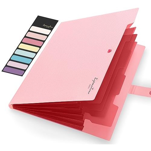 Sooez Accordion File Organizer, Expanding File Folder with Label, 5 Pocket | Folders for Document, Portable Paper Bill Receipt Organizer for Office College School Essential Supplies, Letter Size, Pink