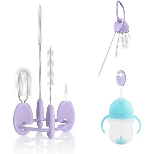 Baby Straw Brush Set, 4 Piece Cleaner Kit with Standable Key Ring for Sippy Cups, Weighted Straw Cups & Baby Bottles – Designed for 0–24 Months, Purple