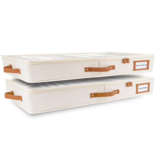Hokku Designs 2Pc Low Profile Under Bed Storage Containers, Thin Under Couch Storage Organizer With Bins & Lids, Underbed Storage Box Ideal, Ivory | Wayfair
