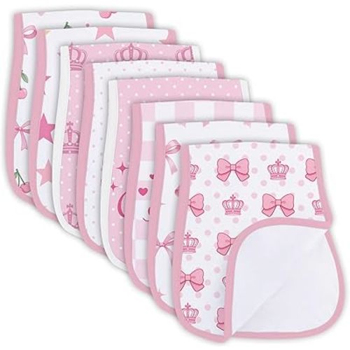 8 Pack Burp Cloths Organic Cotton, Pink Bows Baby Burp Cloths Girls, Absorbent Baby Burping Cloth, Soft Burping Cloth Set for Feeding, New Mom Gifts for Newborns Essentials Gift Set, 19”x9”