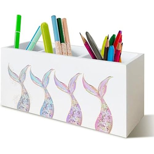 Mermaid Gifts for Girls Women, Pastel Mermaid Beach Pen Pencil Holder Organizer for Desk, Coastal Ocean Wooden Box Block Sign for Home Classroom Dorm Office Tabletop Decor