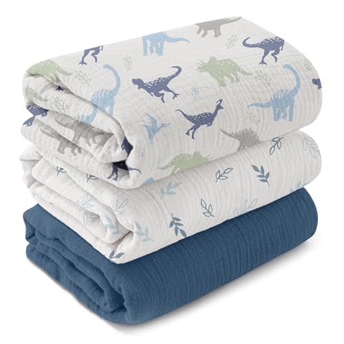 GLLQUEN BABY Muslin Swaddle Blankets,3-Pack Receiving Blankets for Newborn Boys and Girls,Baby Swaddle Blanket Unisex,My Dino Pals,Baby Essentials, Registry & Gift, 40 x 38 inches
