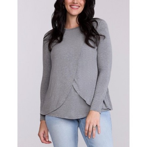 Women's Crewneck Long Sleeve Draped Nursing Maternity Tee - Heather Grey - Size: Medium - Motherhood Maternity