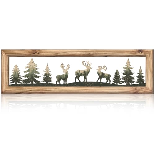 Wesiti Woodland Deer Wall Art 16 Inch Wood Frame Metal Rustic Forest Animal Wall Decor Farmhouse Lodge Cabin Picture Art Decor for Home Bedroom Living Room