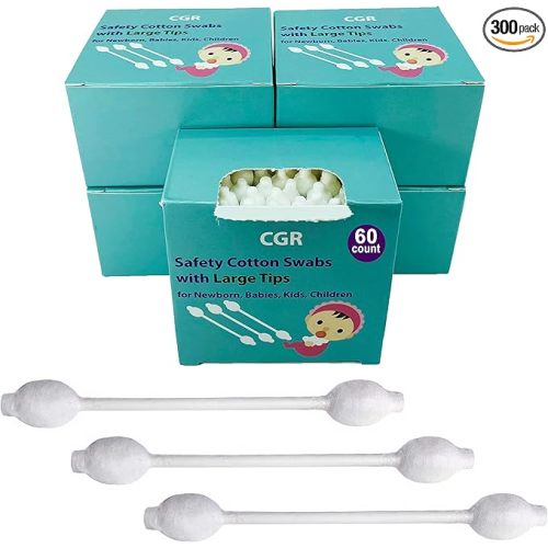 300pcs CGR Baby Safety Cotton Swabs with Large Tips for Newborn, Babies, Kids, Children, 100% Organic Cotton, White Paper Sticks, 5 Pack of 60 Swabs Total(5 Paper Boxes)