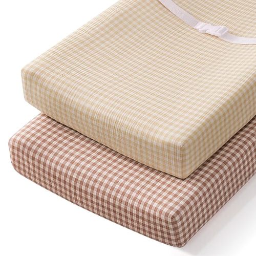 Blissful Diary Muslin Changing Pad Cover for Baby Girls Boys, Ultra Soft Breathable Cotton, Baby Diaper Change Table Pad Covers, 2Pack (Checkered Beige & Checkered Brown)
