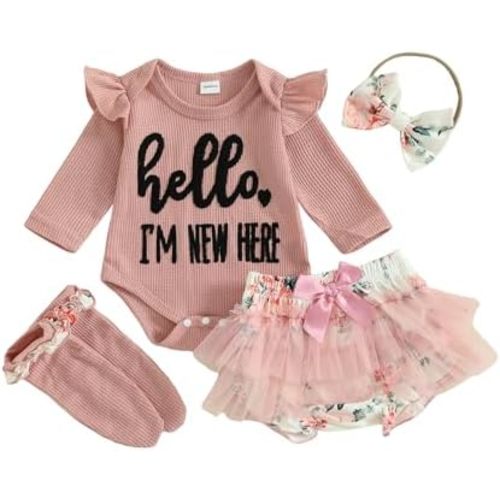 Hello Im New Here Newborn Outfit Infant Baby Girl Going Home Outfits Waffle Romper Tutu Skirts Dress Set With Socks