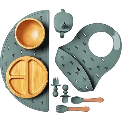 Bamboo & Silicone Baby Feeding Set 8 PCS | Baby Led Weaning Supplies Self Feeding | Divided Suction Plate Bowl Bib Sippy Cup with Straw Utensils Baby Bowls and Spoons Toddler Feeding Set (Pine Gray)