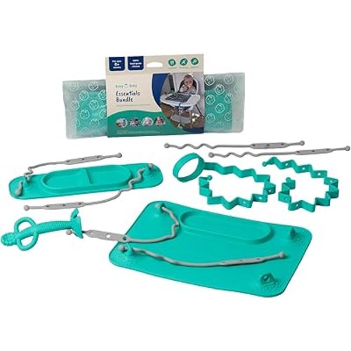 BUSY BABY Essentials Bundle New Parent Starter Kit - Suction Placemat, Mini Mat, Teether Spoon, Toy Bungee, Bottle Bungee, 6 Tether Straps, Wet Bag (6, Spearmint)