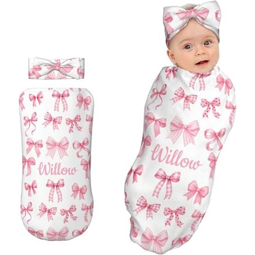 Personalized Pink Bow Baby Swaddle & Headband Set, Custom Name Newborn Swaddle Wrap Blanket for Baby Girls, Soft Cocoon Sleeping Swaddle Sack, Gift for Baby Shower
