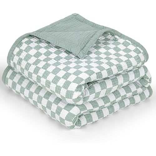 lulumoon Muslin Baby Blanket Neutral: 100% Cotton Lightweight Crib Blanket - Modern Checkered Breathable for Tummy Time & Toddler Daycare(Sage Checkered)