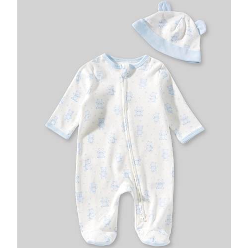 Little Me Baby Boys Cotton Happy Bear Print 2-Way Zip Footie & Hat Set