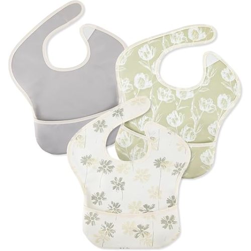 Mess Proof Baby Bib 3 Pack, Waterproof Led Weaning Baby Feeding Bibs with Food Catcher, Travel Feeding Bibs