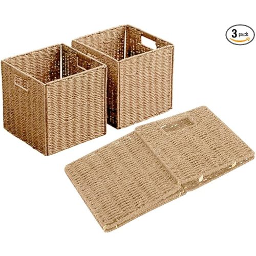 10.5x10.5inch Storage Baskets Set of 3, Brown Paper Rope Woven Baskets, Foldable Handwoven Storage Cubes, Wicker Cube Baskets Laundry Organizer Totes for Bathroom Bedroom, Laundry Basket Shelf Baskets