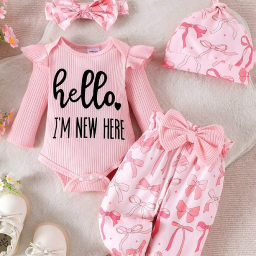2pcs Newborn Baby Cute Printed Long Sleeve Romper + Pants With Hat & Headband Set, Lightweight For Spring And Autumn