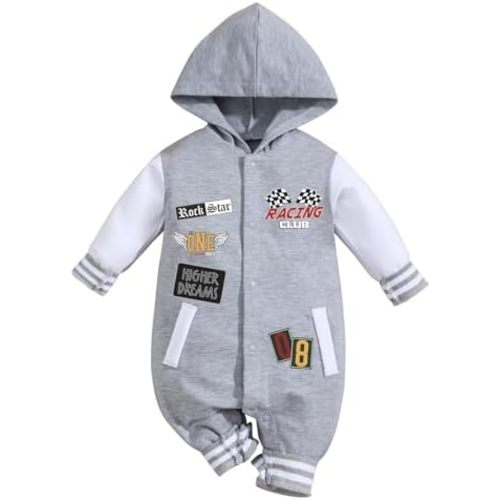Baby Romper with Hood Snap Button Jumpsuit Varsity and Racing Theme for Boys and Girls Infant Long Sleeve 0-18 Months