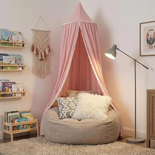 Bed Canopy with Pom Pom for Kids Crib Baby Girl Netting Cover Canopy Crib Curtain Reading Nook Hanging Tent Nursery Play Game Castle Room Decoration (Pink)