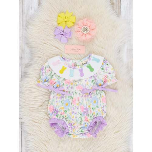 Bunny Floral Embroidered Ruffle Bubble Romper
