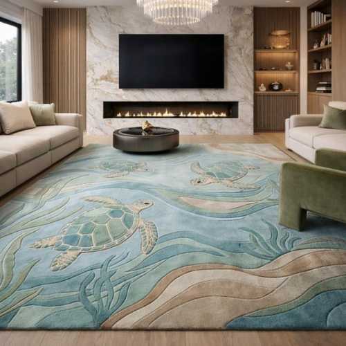 Coastal Sea Turtle Area Rug Hand Tufted Wool 3D Sculpted Ocean Wave Carpet Aqua Blue Beige Beach House Decor Custom Sizes 8x10 9x12 - Etsy