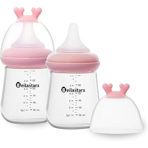 Glass Baby Bottles with Natural Response Nipple Size S - Anti Colic Baby Bottles Wide Neck Slow Flow Baby Bottle (Red, 6oz (Pack of 2))