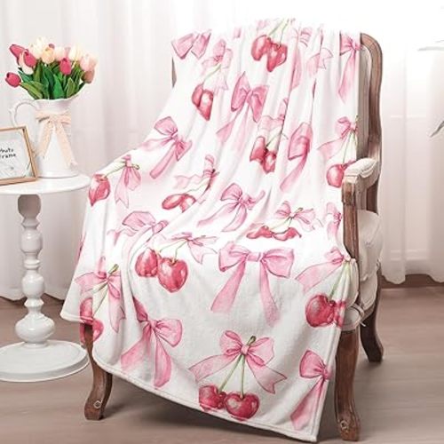 Pink Bow Cherry Blanket Coquette Soft Flannel Lightweight Blanket Bows Aesthetic Preppy Cute Fuzzy Room Decor for Bedroom Sofa Travel Bed, 50 x 60 Inch