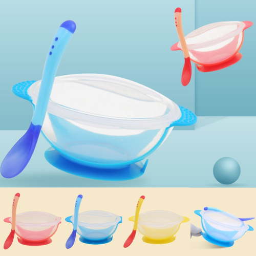 Cheer Suction Bowl and Spoon Set Nonslip Spill Proof BPA Free Feeding Bowls with Lids Self Feeding Training Storage Bowl Cutlery Travel Set Great Shower Gift for Infant Toddler
