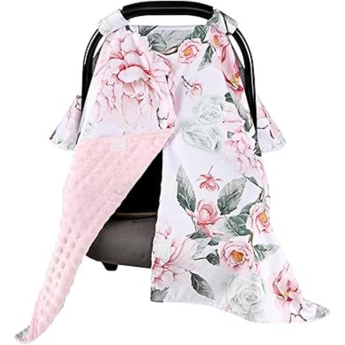 Baby Car Seat Cover, Breathable Infant Carseat Cover for Summer Peekaboo Opening Car Seat Canopy Cover, Nursing Cover for Baby Boys Girls (Flower)