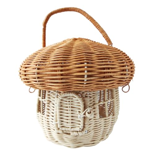 Mushroom Basket with Lid, Easter Basket for Kids, 10 Inch Mushroom Storage Basket, Handmade Rattan Basket, Portable Picnic Basket, Woven Shelf Organizer for Doll House, Home Decoration, Photo Prop