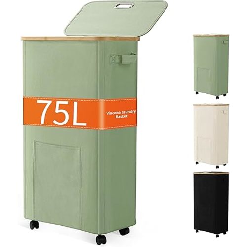 Laundry Basket with Wheels, Dirty Clothes Hamper on Wheels, Rolling Tall Laundry Hamper with lid for Laundry Room, Dorm and Bathroom, 75L Sage Green
