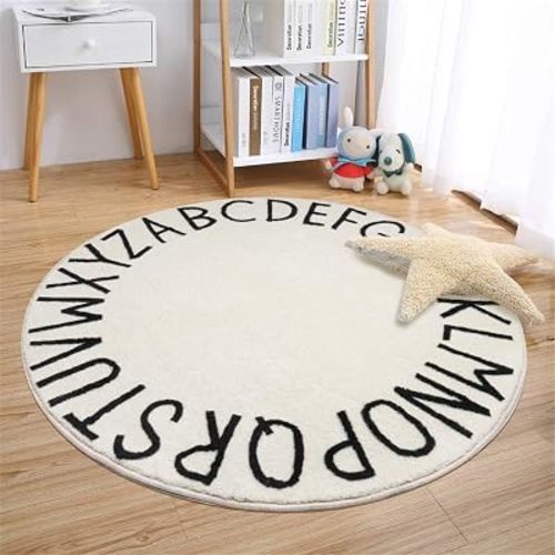 ABC Children's Round Rugs 5.2ft Toddler Toddler Floor Mats Alphabet Learning Rugs Soft Durable Non-Slip Play Mats Nursery Area Rugs Beige and Black Alphabet Bedroom Round Rugs Children's Room Rugs