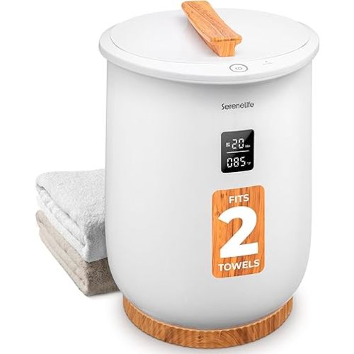 SereneLife Towel Warmer, 20L Capacity Hot Towel and Blanket Warmer with Digital Display, Adjustable Heating Time (20-90 min), Holds 2 Large Towels, Fragrant Disc Holder, 13” x 13” x 19” - inches
