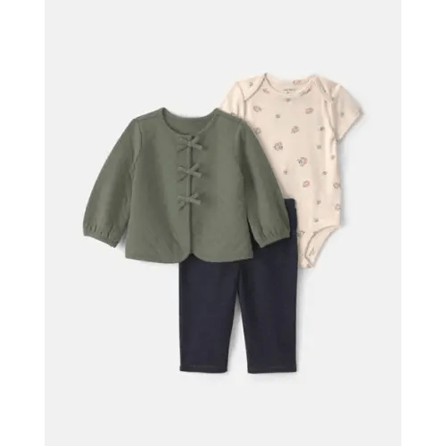 Baby Girl 3-Piece Quilted French Terry Layering Set - Olive Green/Cream | Carter's