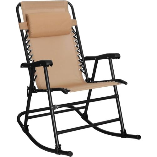 Amazon Basics Outdoor Portable Folding Rocking Chair with Headrest, Ergonomic Design, Weather-resistant Patio Reclining Lounge Chair for Porch, 33.6 x 37.4 x 26 inch, Beige
