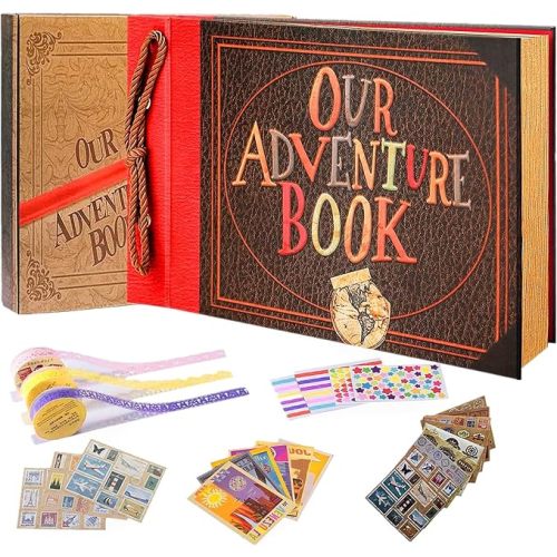 Our Adventure Book Handcrafted 11.92 x 7.62" Leather-Bound Scrapbook with 80 Pages, Embossed Lettering, Inspired by 'Up', Ideal for Photos, Weddings&Travel Memories Gift Box Included (Handmade Book)