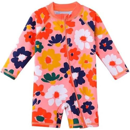 HUAANIUE Baby/Toddler Girls Long Sleeve Zipper Closure Swimsuit One Piece Swimwear with UPF50+ Sun Protection
