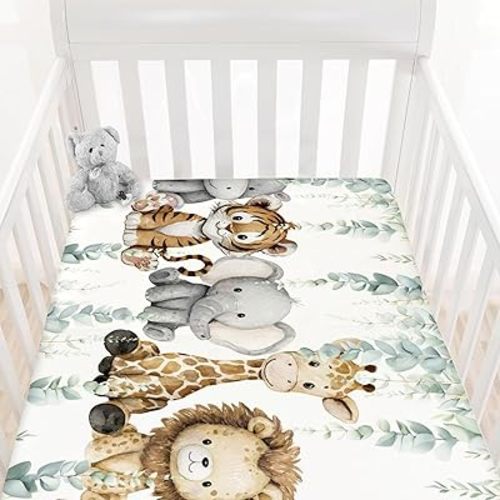 HawSkgFub Safari Jungle African Animals Eucalyptus Leaf Fitted Standard Baby Crib Sheet, Giraffe Lion Tiger Elephant Zebra Toddler Mattress Cover, Soft Stretchy Nursery Bed Sheets Kids Gift 52” x 28”