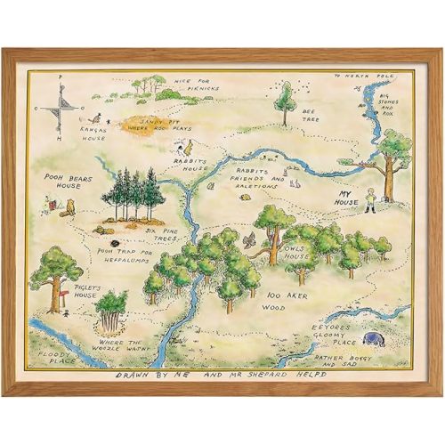 Winnie Pooh Nursery Decor FRAMED - LARGE 11X14 - Toddler Baby Room Wall Art - Little Boys Bedroom Decor - Baby Shower Decorations - Vintage Hundred Acre Wood - Kids Wall Art - Girls Room Decoration