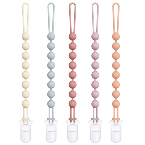 Cuddle Campus Silicone Pacifier Clip Holder with One Piece Design, Pack of 5 Soft Flexible Binky Clips for Baby Boy and Girl Set 5((3M+ Plastic Clip)