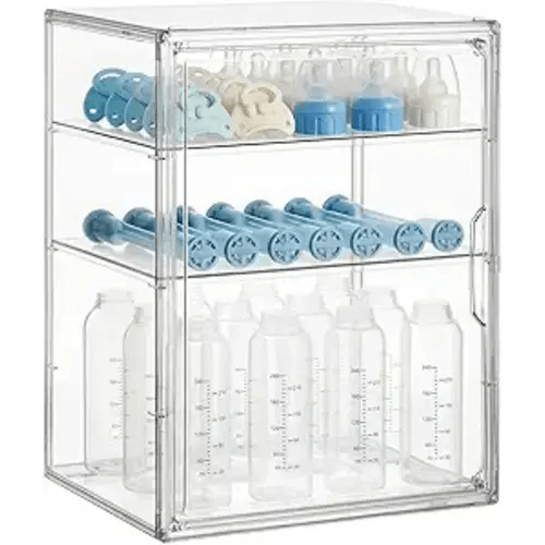 HBlife Baby Bottle Storage Organizer for Countertop Cabinet, 3 Tiers Adjustable Clear Acrylic Bottles Storage Station Case Box Container with 2 Removable Dividers and Magnetic Door, Large