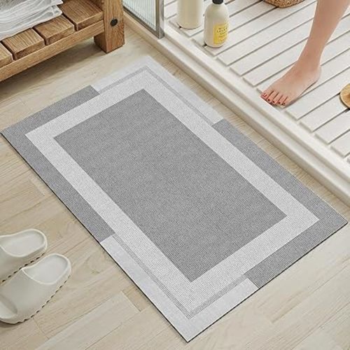 Non Slip Bath Mat, Rubber Backing Ultra Thin Bathroom Rugs Fit Under Door Quick Dry Super Absorbent Washable Bath Rug Shower Mat for Bathroom Floor Bathtub Shower Sink, Easy Care Gray 16"x 24"