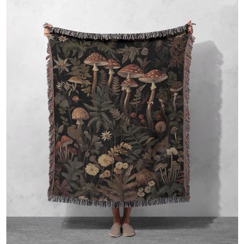 Enchanting Forest Mushroom Woven Blanket 100% Cotton - Cozy Botanical Throw with Woodland Fungi and Ferns for Nature Lovers, Cottagecore