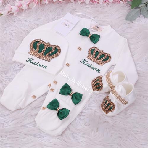 Crown Baby Boy Outfit: Emerald Green, Gold, White, 3-Piece Set